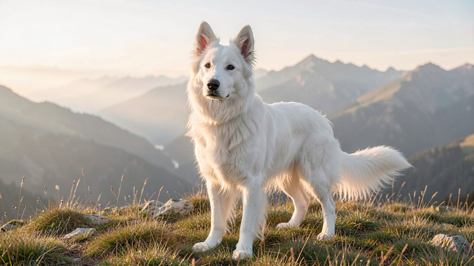 Berger blanc suisse à robe blanche et oreilles dressées, truffe noire, arrêté sur une crête herbeuse au lever du jour, silhouette de berger de taille moyenne
