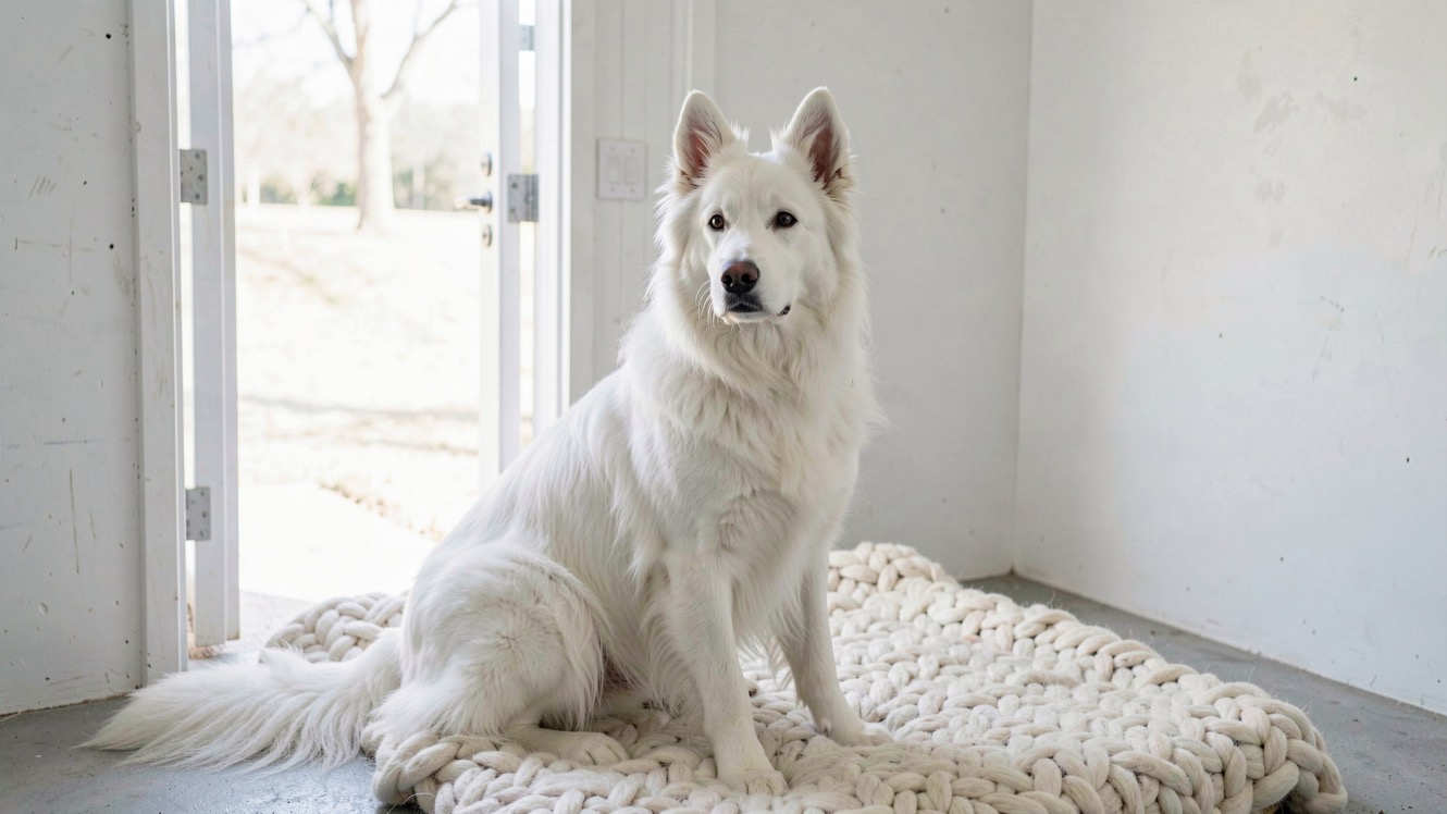 Berger blanc suisse adulte à robe blanche, oreilles dressées et truffe noire, assis sur une couverture épaisse dans un box de refuge propre, regard tourné vers la porte