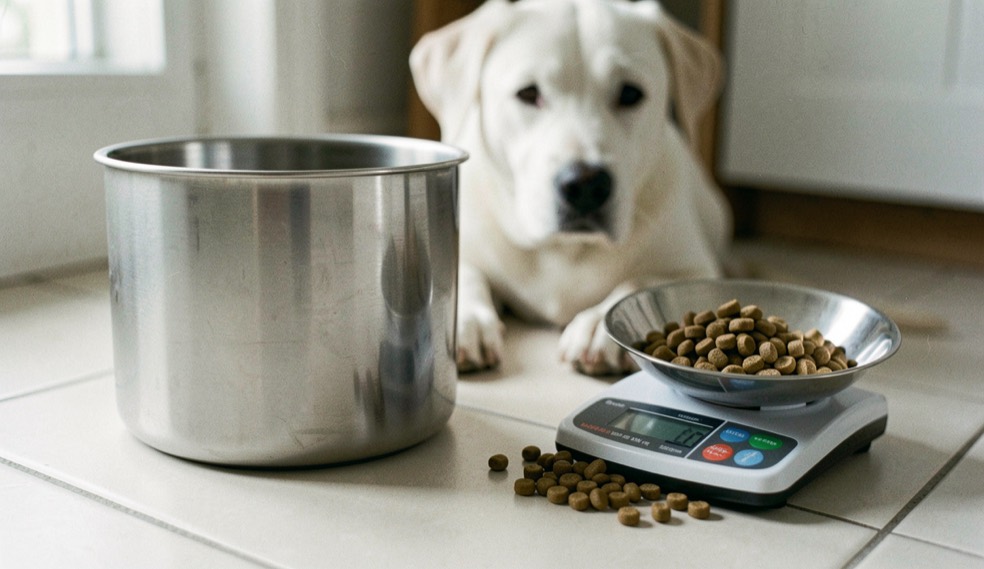 Gamelle inox posée sur un carrelage clair, croquettes pesées à côté sur une balance de cuisine, museau blanc et truffe noire d’un chien flou à l’arrière-plan