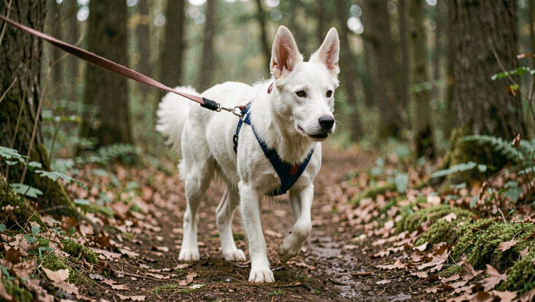Berger blanc suisse à robe blanche et oreilles dressées tirant en ligne élastique sur un chemin forestier, truffe noire tendue vers l’avant, harnais de traction visible