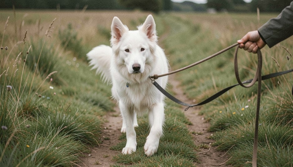 Un petit chien à double poil blanc couché sur un parquet en chêne clair, brossé à picots posé à côté de lui, lumière douce de fin d’après-midi entrant par une fenêtre latérale, cadrage serré à hauteur du sol.