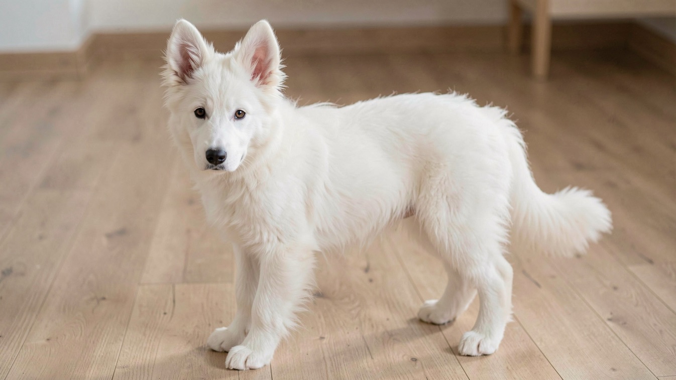 Chiot berger blanc de quelques mois à robe blanche, une oreille dressée et l’autre encore souple, truffe noire, debout sur un plancher de bois clair