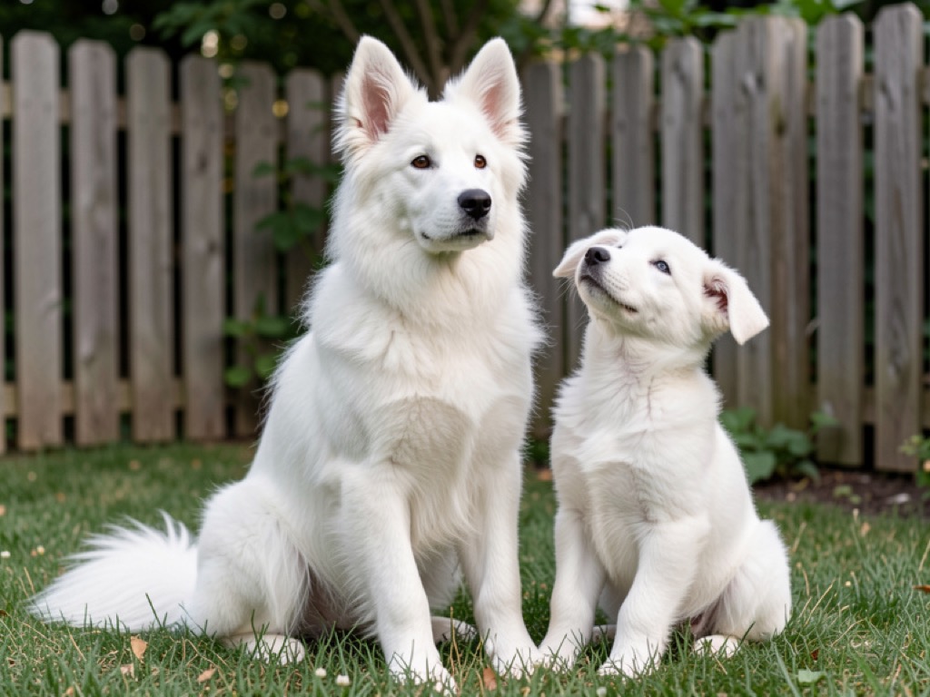 Chiot berger blanc à robe blanche, oreilles encore à demi tombantes et truffe noire, assis dans l’herbe courte d’un jardin clôturé, regard levé