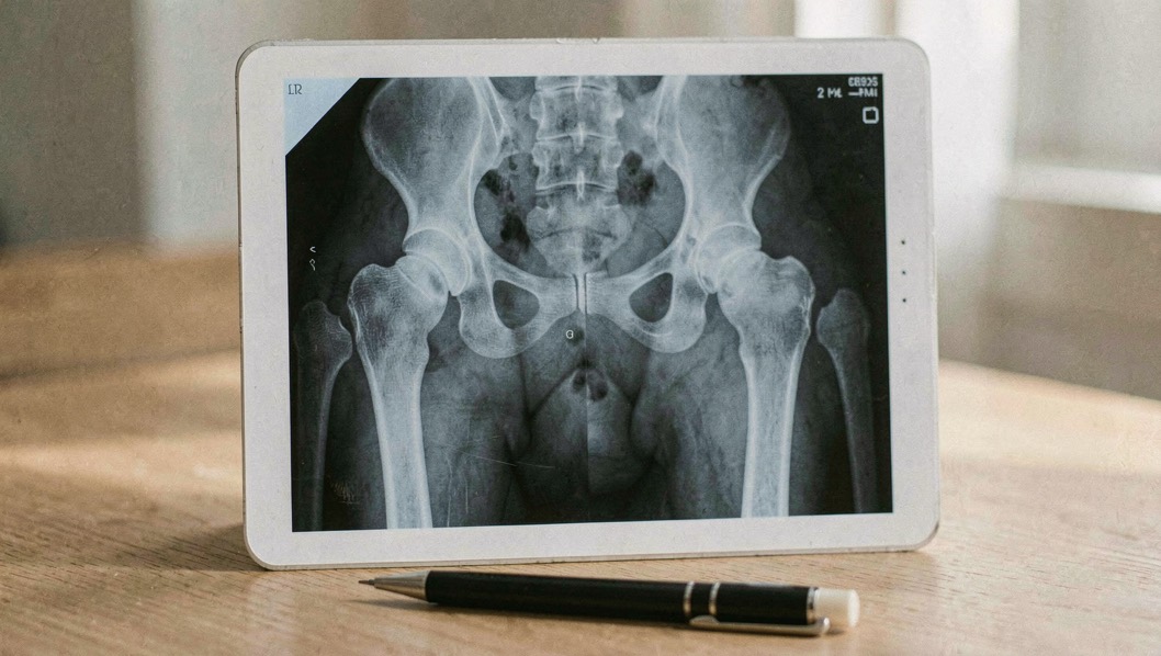 Radiographie de hanches de chien fixée sur un négatoscope, les deux têtes fémorales bien visibles, crayon de lecture posé en bas du cliché