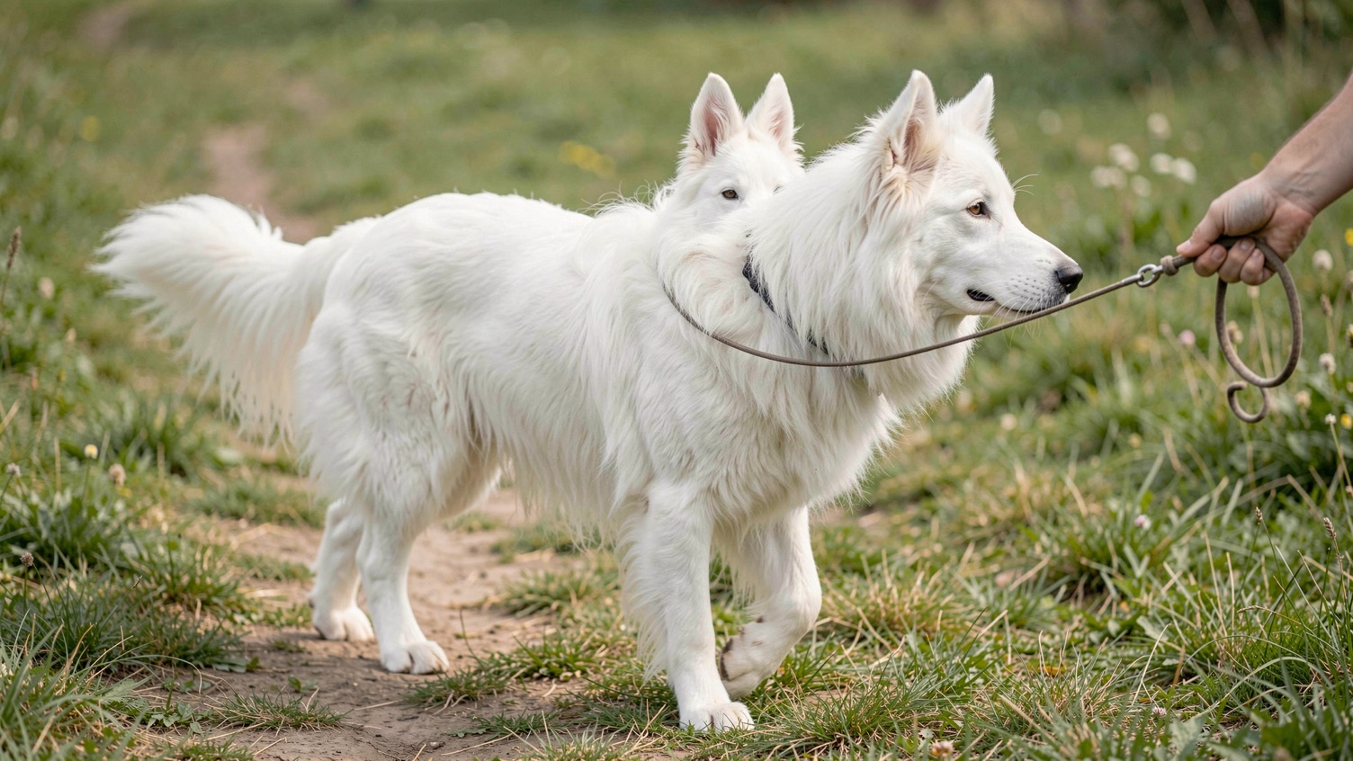 Berger blanc suisse à robe blanche et oreilles dressées, truffe noire, marchant en longe sur un chemin herbeux, attention tournée vers la main qui tient la longe