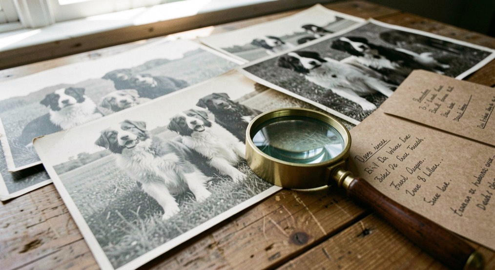 Photographies anciennes en noir et blanc de chiens de berger étalées sur une table, une loupe posée sur l’une d’elles, fiches cartonnées annotées à côté