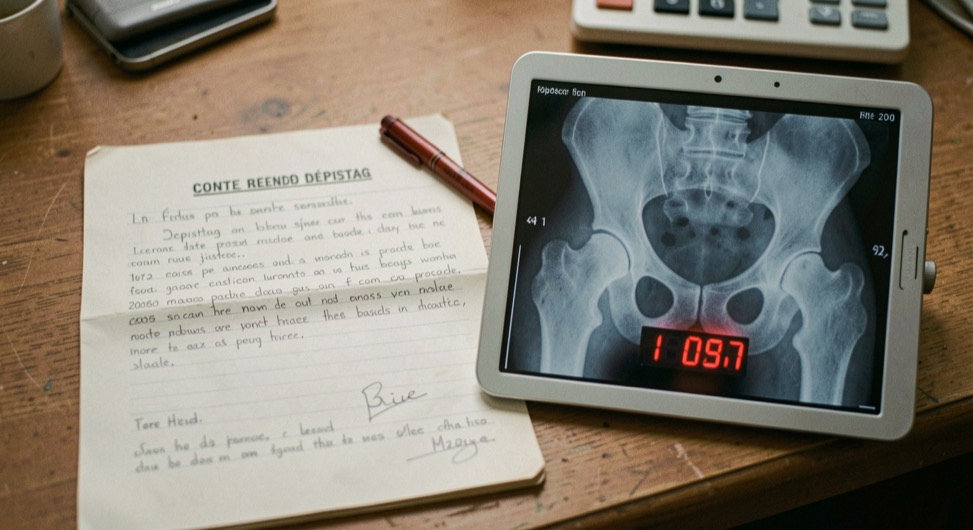 Compte rendu de dépistage posé à côté d’une radiographie de bassin de chien sur un négatoscope éteint, les grades notés au crayon dans la marge du document