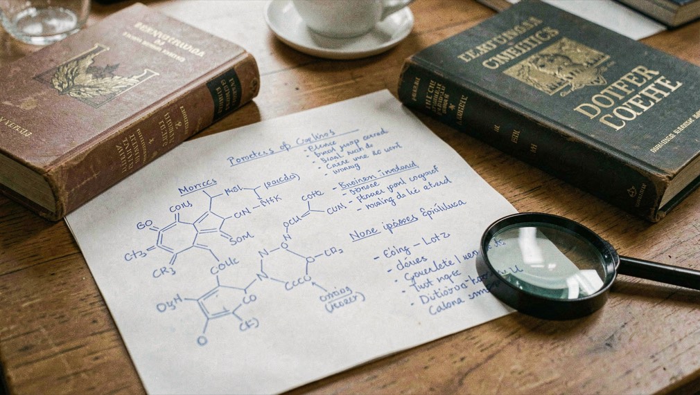 Table de molécules imprimée et annotée de coches au stylo bleu, posée sur un bureau à côté d’un dictionnaire médical fermé et d’une loupe