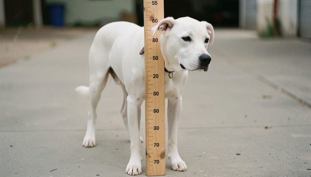 Toise verticale en bois placée au garrot d’un chien blanc debout sur un sol plat, la graduation lisible entre 55 et 70 centimètres, truffe noire tournée vers l’objectif