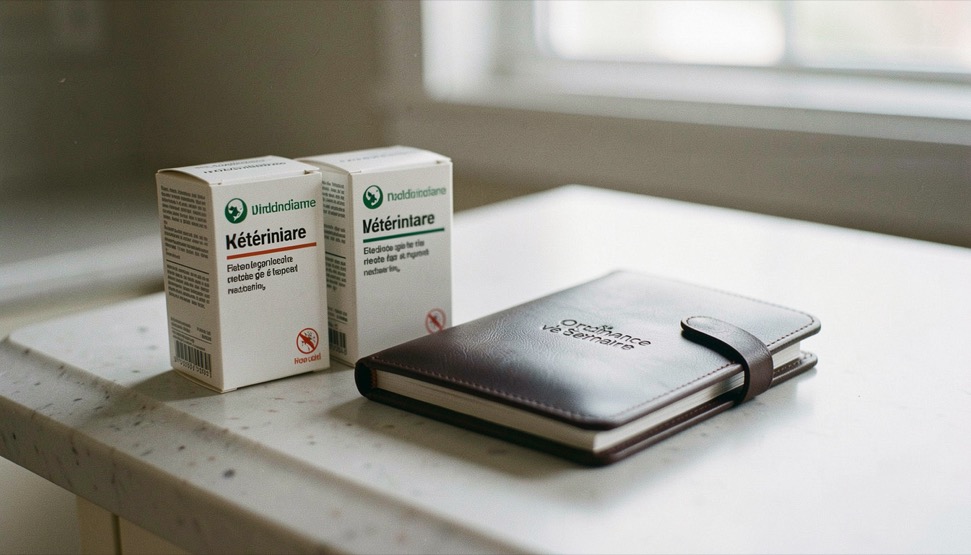 Ordonnance vétérinaire posée sur un comptoir à côté de deux boîtes de médicaments neutres et d’un carnet de santé de chien fermé