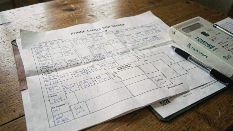 Pedigree imprimé déplié sur une table, cases de générations remplies à l’encre, carnet de santé de chien et stylo posés sur le bord de la feuille