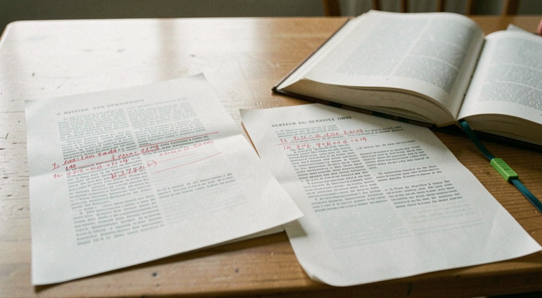 Deux tirages du même texte posés côte à côte sur une table, corrections au stylo rouge sur l’un, ouvrage de référence ouvert avec un marque-page à côté