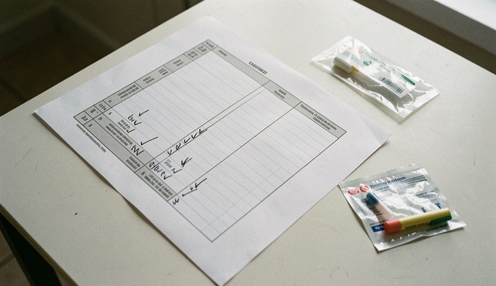 Tableau imprimé à plusieurs colonnes posé sur une table claire, lignes cochées au stylo, kit de prélèvement buccal sous enveloppe à côté