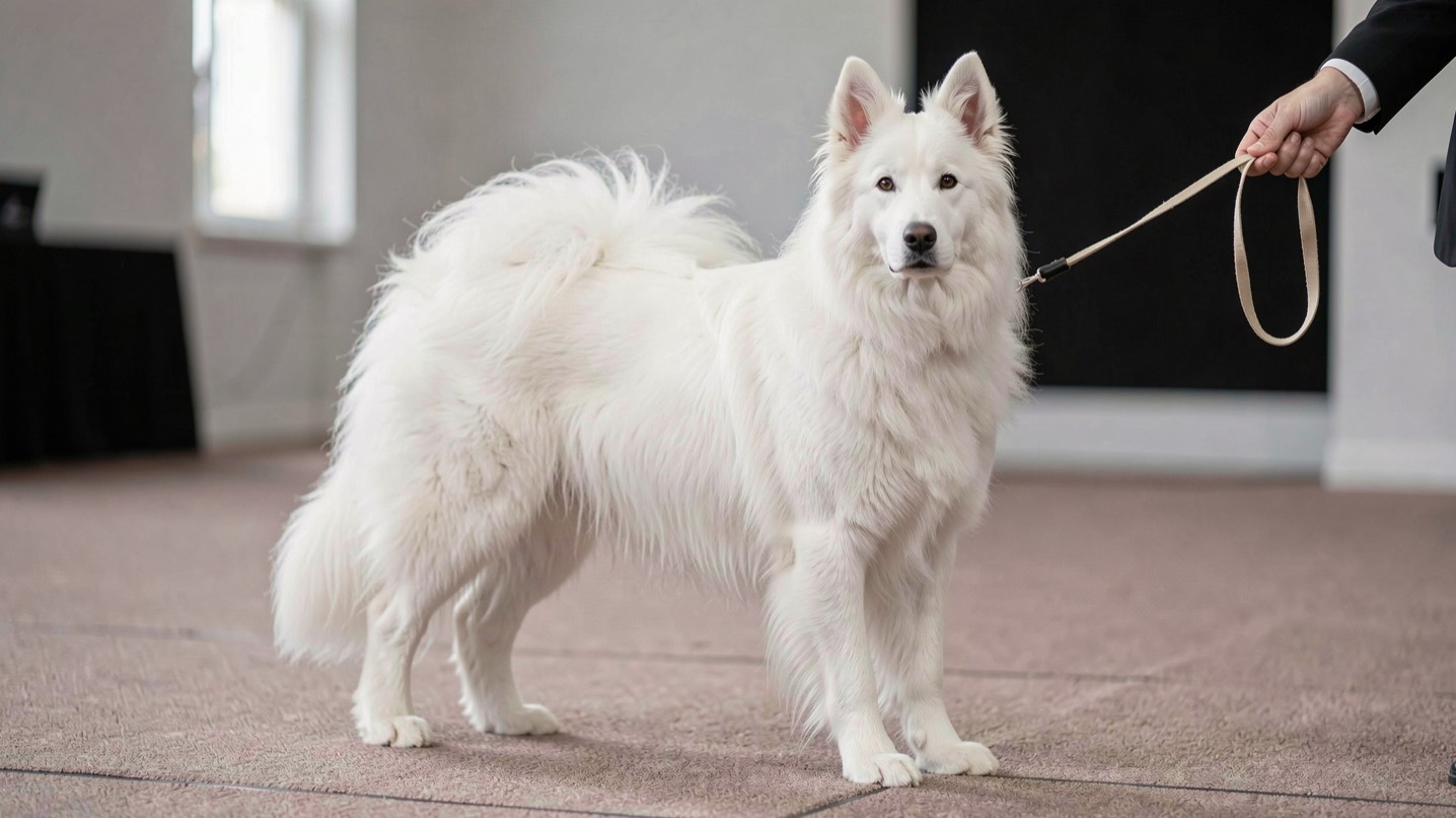 Berger blanc suisse à robe blanche présenté en statique sur un tapis de ring, oreilles dressées, truffe noire, laisse fine tenue par une main au bord du cadre