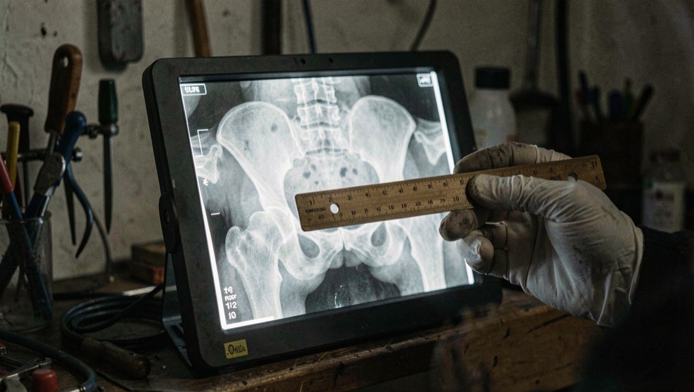 Négatoscope allumé présentant une radiographie de bassin de chien, main gantée posant une règle de mesure sur le cliché, salle sombre et instruments flous