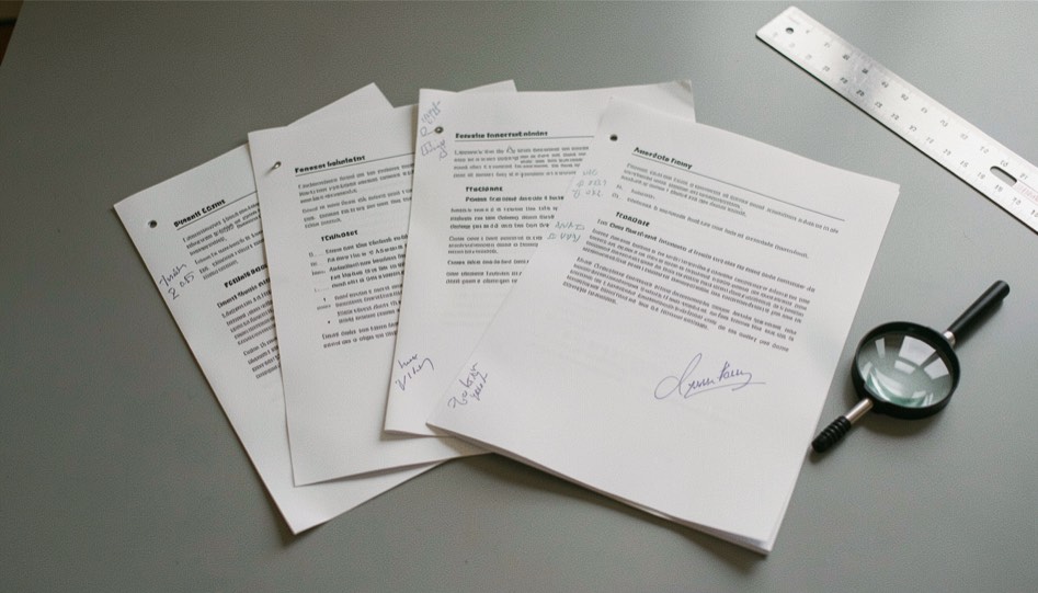 Trois documents imprimés et agrafés posés en éventail sur un bureau gris, marges annotées au crayon, règle métallique et loupe posées à côté