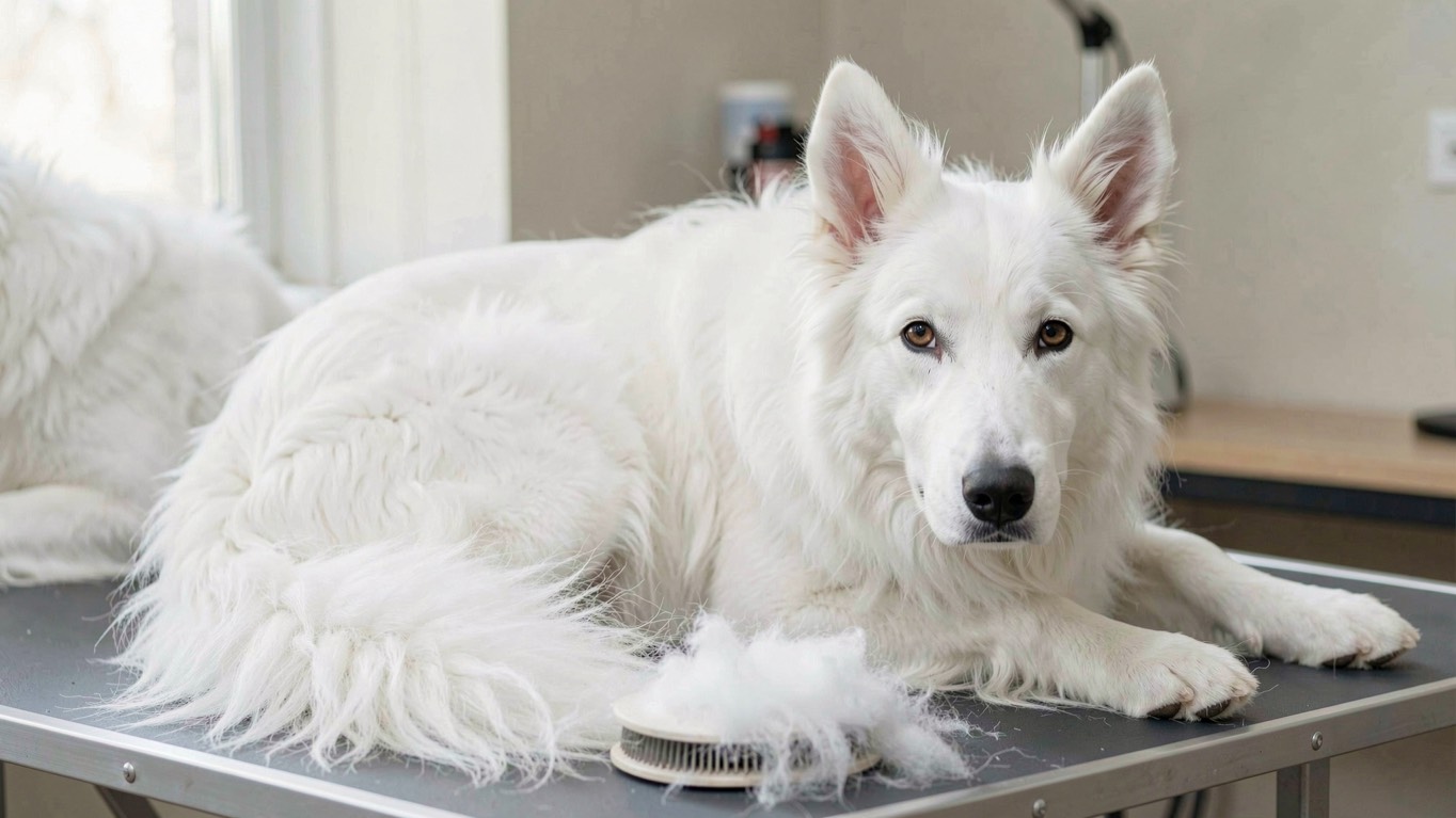 Brosse à sous-poil chargée de bourre blanche posée sur une table de toilettage, flanc d’un berger blanc suisse à robe blanche derrière, oreille dressée floue